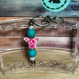 Teal and Pink Cow Keychain